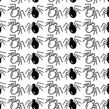 Seamless pattern of spiders with contour drawing elements. Abstract background Stockillustratie