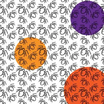 Seamless pattern of spiders with elements of contour drawing on the background Stock Illustration