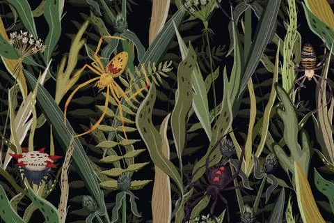 Seamless pattern with Spiders in garden. Nature background 스톡 일러스트