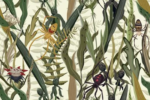 Seamless pattern with Spiders in garden. Nature background Stock Illustration