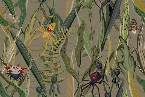 Seamless pattern with Spiders in garden. Nature background Stock Illustration