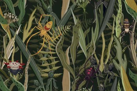 Seamless pattern with Spiders in garden. Nature background Stock Illustration