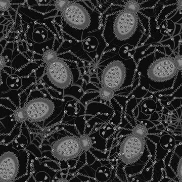 Seamless pattern with spiders made of rough metallic black chain, rivets Stock Illustration