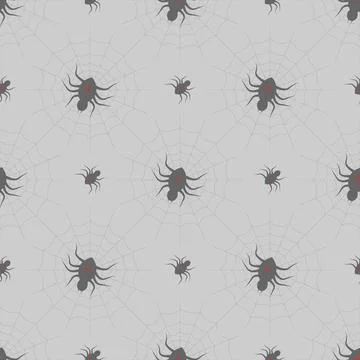Seamless pattern Spiders on Webs on gray background. halloween print Stock Illustration