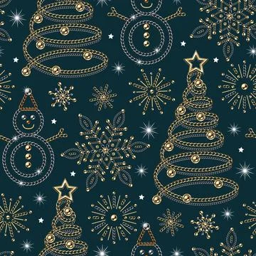Seamless pattern with spiral christmas tree, snowman, snowflakes made of jewe Illustrazione stock