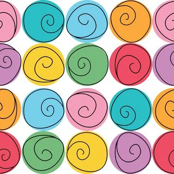 Seamless pattern with spiral doodles and colorful circles Illustrazione stock