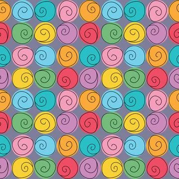 Seamless pattern with spiral doodles and colorful circles on grey background Stock Illustration