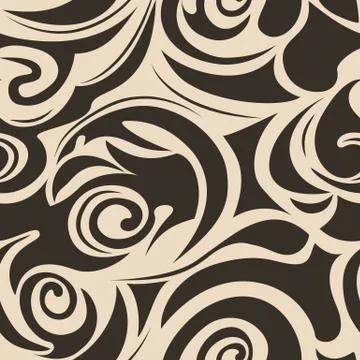 Seamless pattern of spirals and curlicues of black on brown, wave, floral, ma Stock Illustration