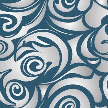 Seamless pattern of spirals and curlicues of gray on a dark blue background,  Illustration