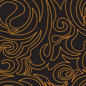 Seamless pattern of spirals and curlicues of orange on a black background, wa Stock Illustration