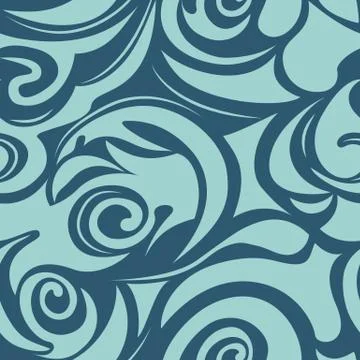 Seamless pattern of spirals and curls of blue color on a dark blue background Stock Illustration