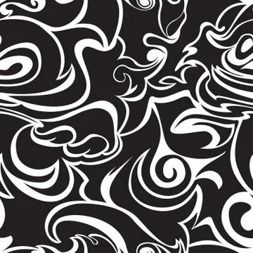 Seamless pattern of spirals and curls in black on on a white background, wave Illustrazione stock
