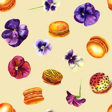 Seamless pattern sponge cookies macaroons with flowers pansies watercolor Stock Illustration