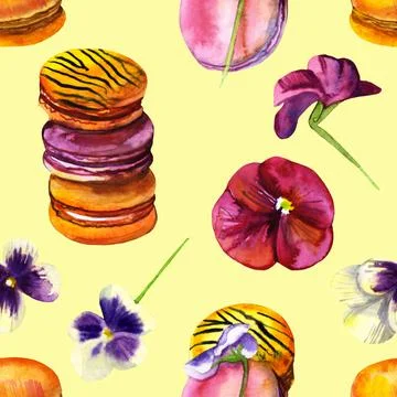 Seamless pattern sponge cookies macaroons with flowers pansies watercolor Stock Illustration