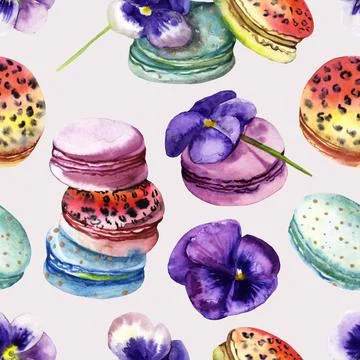 Seamless pattern sponge cookies macaroons with flowers pansies watercolor Stock Illustration