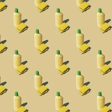 Seamless pattern of sponges and bottles of washing liquid Foto stock