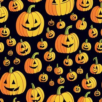 Seamless Pattern of Spooky Halloween Jack o Lantern Pumpkin Cartoons Cutouts Stock Illustration