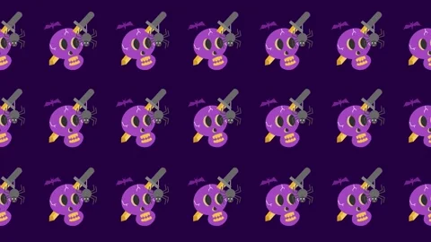 Seamless pattern of spooky halloween skulls, daggers, and spiders icons cartoon Stock Footage 325578362