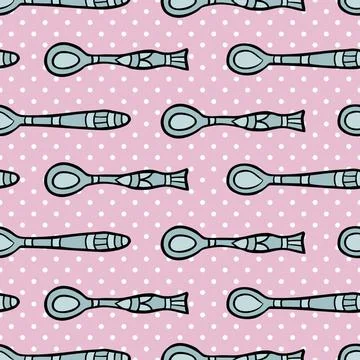 Seamless pattern with spoon on dotted violet background. Seamless pattern ... 스톡 사진