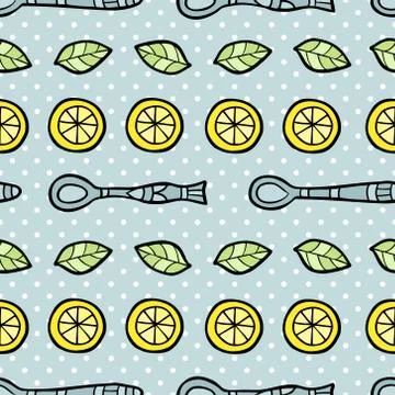Seamless pattern with spoon, lemon and tea leafs Stock Illustration