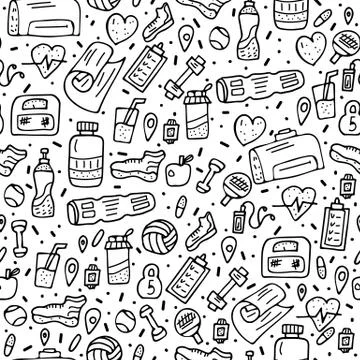 Seamless pattern of sport activities tools, symbols in doodle style. Fitness  Stock Illustration