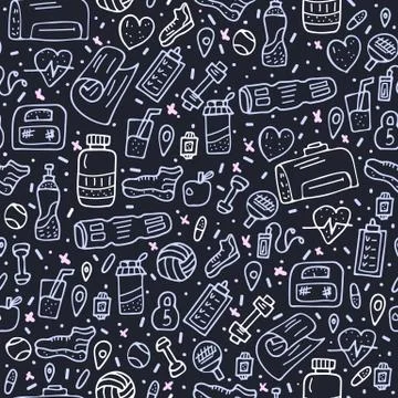 Seamless pattern of sport activities tools, symbols in doodle style. Fitness  Illustrazione stock