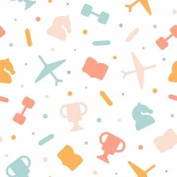 A Seamless Pattern of Sport and Creative Items. Winner's Cup, Dumbbells Stock Illustration