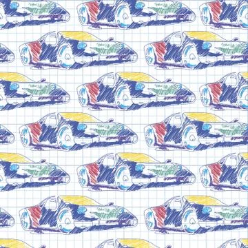 Seamless pattern with sport car. School pattern drawing in the notebook Stock Illustration