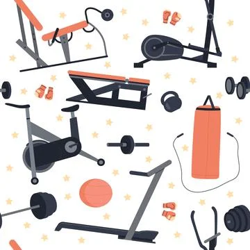 Seamless pattern with sports trainers. Different training apparatus. Decor イラスト素材