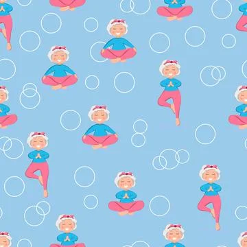 Seamless pattern with Sporty Granny does Yoga on blue background. Old person Illustrazione stock