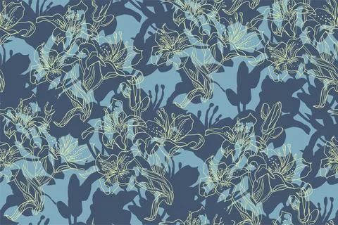 Seamless pattern with spotted silhouettes of lilies flowers, buds and leaves. Stock Illustration