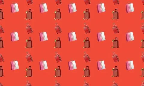 Seamless pattern of spray bottles and soap bars on red background Stock Illustration