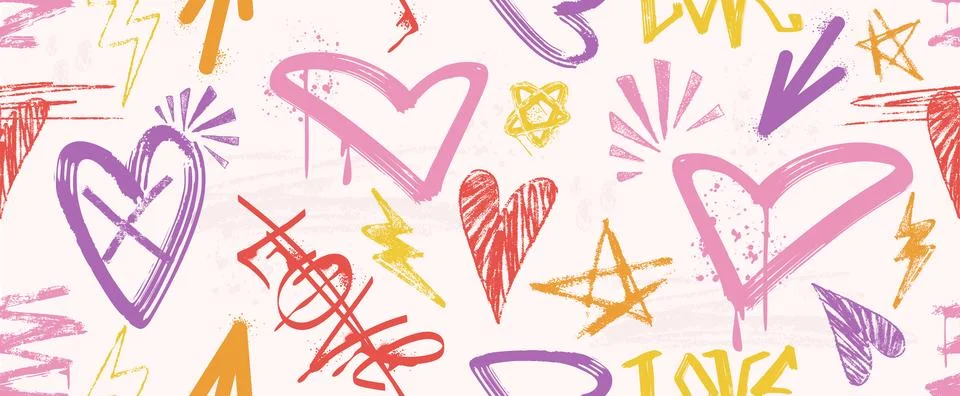 Seamless pattern with spray paint hearts, graffiti love symbols and romantic Stock Illustration