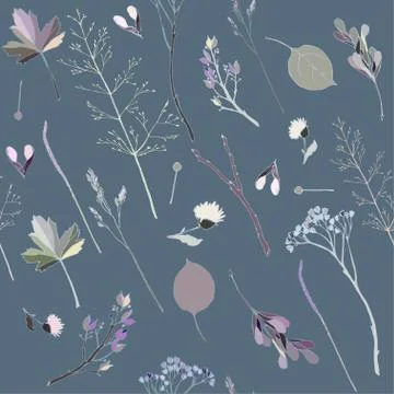 Seamless pattern with sprigs, leaves, blades of grass, inflorescences and see Stock Illustration