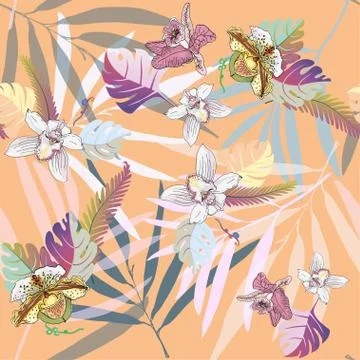 Seamless pattern with sprigs, leaves palm and fern. Inflorescences and flower イラスト素材