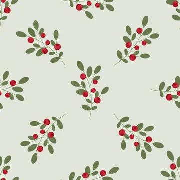 Seamless pattern with sprigs of red berries and green leaves on a light bac.. Stock Illustration