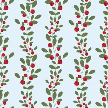 Seamless pattern with sprigs of red berries and green leaves on a light bac.. Stock Illustration