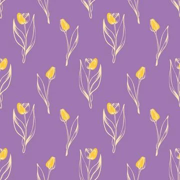 Seamless pattern with spring and summer colors. Sketch-style tulip pattern Stock Illustration