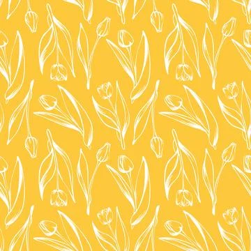 Seamless pattern with spring and summer colors. Sketch-style tulip hand-drawn on Stock Illustration