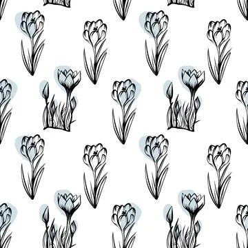 Seamless pattern with spring and summer colors. Sketch-style crocus hand-drawn 스톡 일러스트