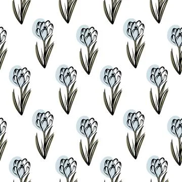 Seamless pattern with spring and summer colors. Sketch-style crocus hand-drawn 스톡 일러스트