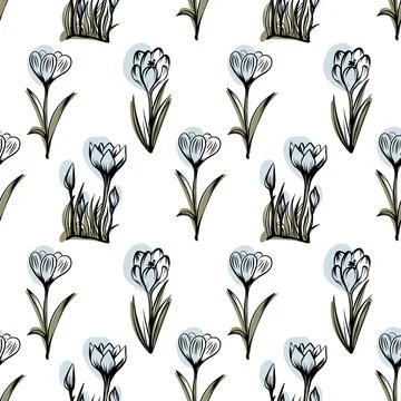 Seamless pattern with spring and summer colors. Sketch-style crocus hand-drawn Stock Illustration