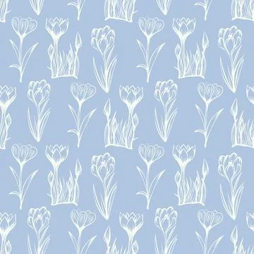 Seamless pattern with spring and summer colors. Sketch-style crocus hand-drawn Stock Illustration