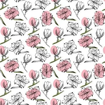 Seamless pattern with spring and summer colors. Sketch-style magnolia hand-drawn Illustrazione stock