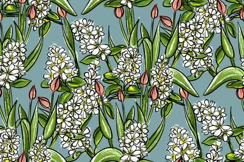 Seamless pattern. Spring blooming flowers, tulips, irga, cherry. Stock Illustration