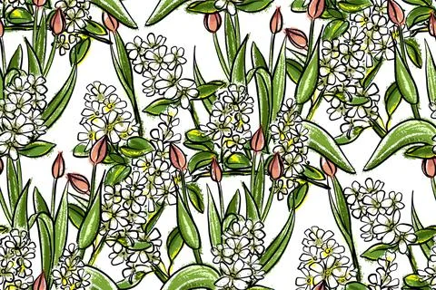 Seamless pattern. Spring blooming flowers, tulips, irga, cherry. Stock Illustration