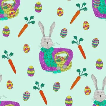 Seamless pattern of spring elements for Easter design. Rabbit, eggs and baske Illustrazione stock