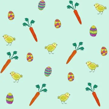 Seamless pattern of spring elements for Easter design. Rabbit, eggs and baske Stock Illustration