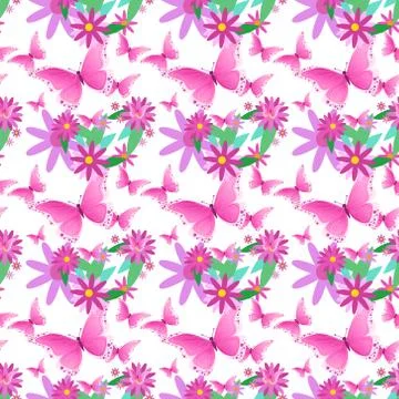 Seamless Pattern Spring Flower Ornament Cute Floral Background With Pink Stock Illustration