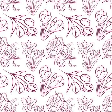 Seamless pattern with spring flower tulip, peony, daffodil and crocus in line Stock Illustration